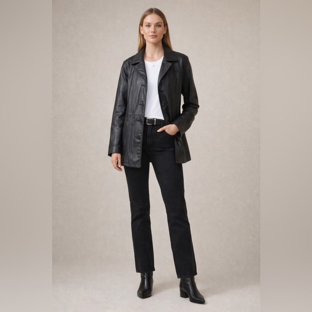 Wilsons Black Genuine Leather button front Jacket thick heavy collar pockets XL - Picture 3 of 15